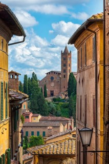Old town with view of Basilica di San Clemente, historical, building, alley, Siena, Tuscany, Italy,