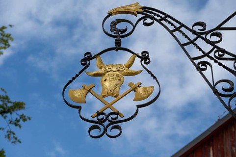 Nose end sign of a butcher's shop, Betzenstein, Upper Franconia, Bavaria, Germany, Europe