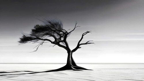 Minimalist rendering showcasing a lone tree as symbol for human resilience, AI generated