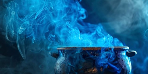 Banner with Halloween witch cauldron with blue smoke. Generative AI, AI generated