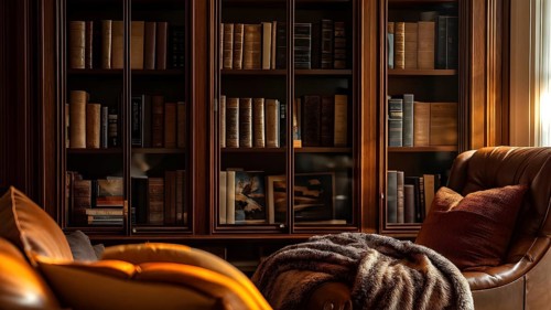 Sophisticated home library with built in bookshelves, AI generated
