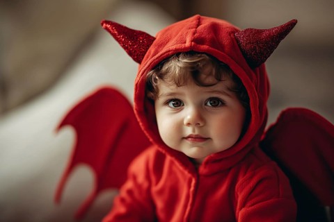 Boy child wearing red Halloween devil costume hoodie with horns and wings. Generative Ai, AI