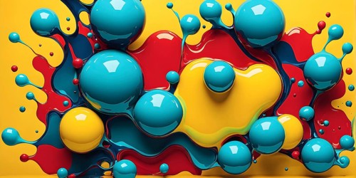 Abstract image with vibrant blue and red blobs and liquid shapes on a yellow background, AI
