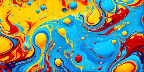 Abstract image with vibrant blue and red blobs and liquid shapes on a yellow background, AI