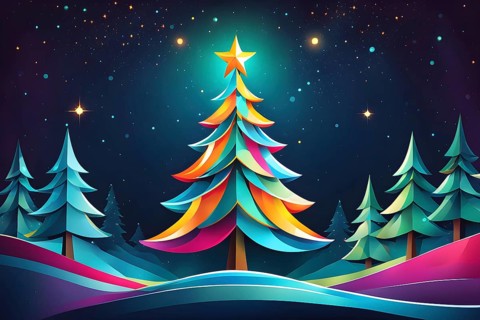 Abstract Christmas tree illustration with vibrant colors and geometric shapes, AI generated