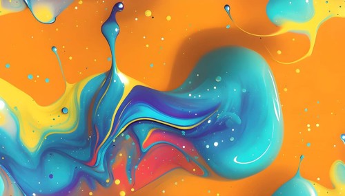 Abstract wallpaper with colorful turquoise and yellow blobs and liquid shapes on a orange