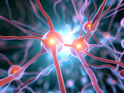 Visualization of neurons firing neurotransmitters in the synaptic gap, AI generated