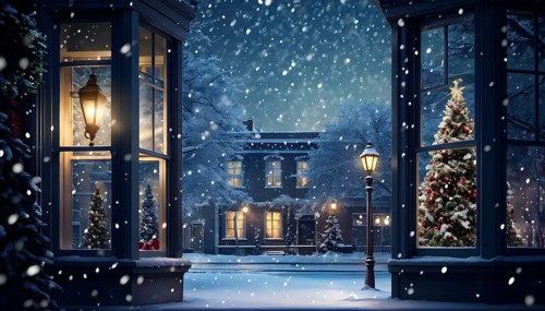 Christmas Eve with snowflakes fall under the light of a streetlamp with a decorated tree in the