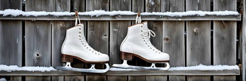 Pair of vintage ice skates hanging by their laces on an old wooden fence with frost and snow gently