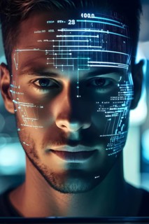 3d digital facial recognition displaying a male face with overlaid ai biometric data, AI generated