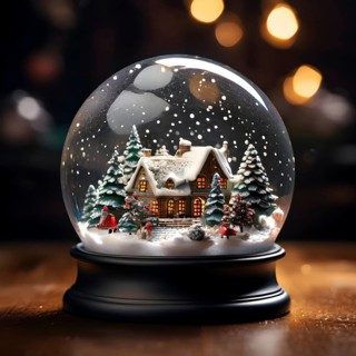 Snow globe with a tiny festive village inside, capturing the swirling snow and the light