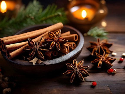 Christmas spices like cinnamon sticks, star anise, and cloves arranged on a wooden table, with soft