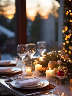 Close up of Christmas dinner table with traditional festive foods and ambient candlelight, AI