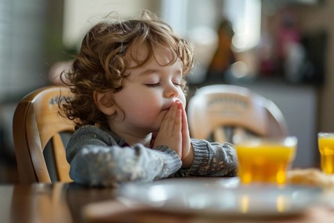 Young boy child praying at kitchen table before meal. Generative Ai, AI generated