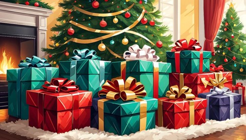 Abstract illustration of wrapped Christmas gifts, shiny ribbons and bows, stacked under a evergreen