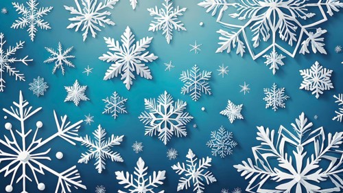 Abstract pattern of snowflakes in varying sizes and shapes in soft white and blue gradients, AI