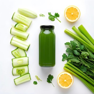 Minimalist lay flat composition of a bottle of vibrant green detox juice surrounded by green fruit