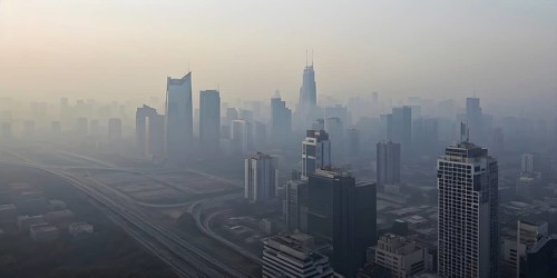 Aerial view of a mega city with smog and pollution, AI generated