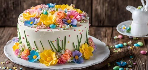 Decorated Easter cake with intricate icing flowers and colorful sprinkles, placed on a rustic