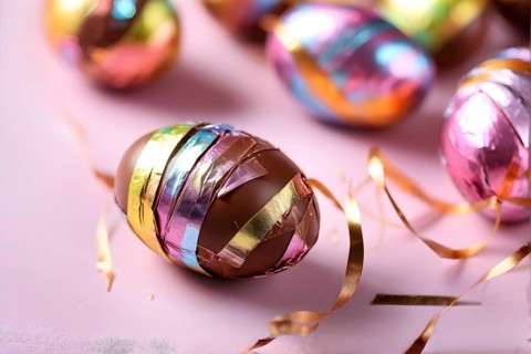 Small chocolate Easter eggs wrapped in shiny foil, placed on a bed of shredded pastel-colored