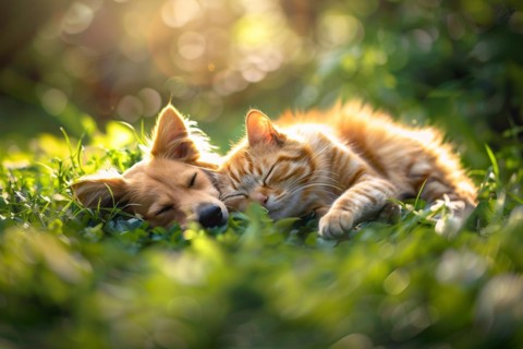 Cute young dog and cat sleeping in grass. KI generiert, generiert, AI generated