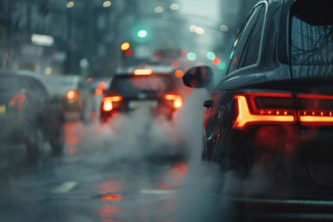 City street full of smoke caused by car exhaust gas, KI generiert, generiert, AI generated