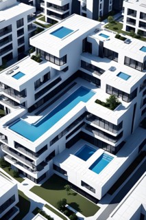 Rendering of a modern real estate apartment building in clean geometric forms in black and white,