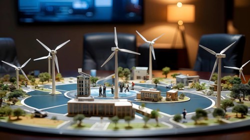 Scale model of a wind turbine adjacent to miniature houses, AI generated