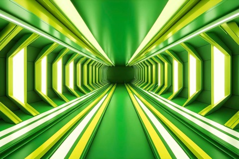 Abstract geometric pattern tunnel structure embodying data streams and communication in green hues,