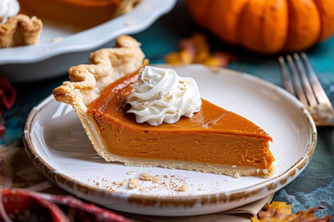 Single slice of pumpkin pie with cream on plate. Generative Ai, AI generated