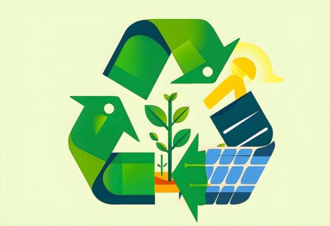 Recycling symbol morphing into growing plants and solar cells to symbolize the transformation of