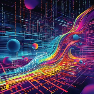 Abstract data stream flowing like liquid light, with sharp lines of code and binary numbers
