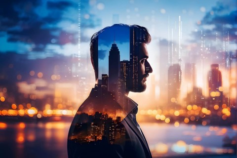 AI generated profile of a businessman with a double exposure of city lights, representing business