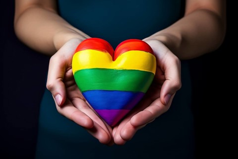 Hand holding heart with LGTB rainbow colors. KI generiert, generiert, AI generated