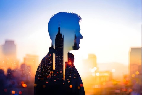 AI generated profile of a businessman with a double exposure of city lights, representing business