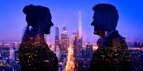 AI generated profile of business professionals with a double exposure of city lights, representing