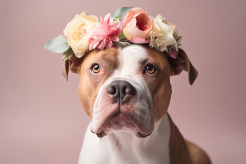 Pittbull dog with flower crown on head in front of pink studio background. KI generiert, generiert