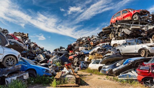 Symbolism, large junkyard with wrecked cars, scrap cars, scrap metal, AI-generated, AI-generated,