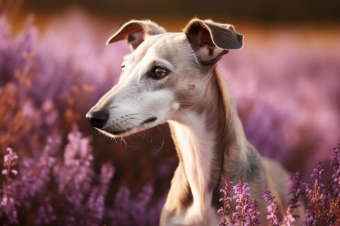 Greyhound dog in field of purple summer heather flowers. KI generiert, generiert AI generated