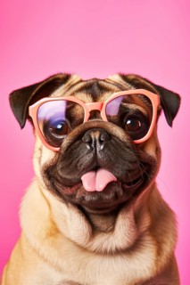 Cute pug dog with pink sunglasses. KI generiert, generiert AI generated