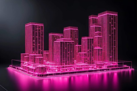 Hologram pink skyscraper architecture wireframe on table, ai generated, AI generated