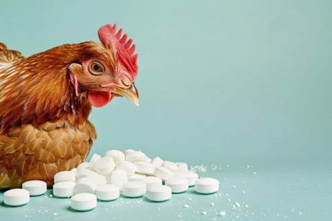 Chicken next to medical pills on blue studio background with copy space. Concept for antibiotics