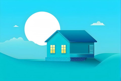AI generated illustration of cyan house on a cyan gradient backdrop