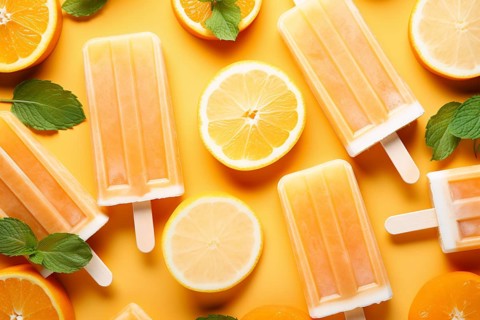 Orange ice popsicles with fruit. KI generiert, generiert, AI generated