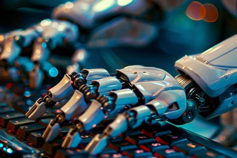 Close up of white artificial intelligence android robot hand writing text on compurter keyboard.