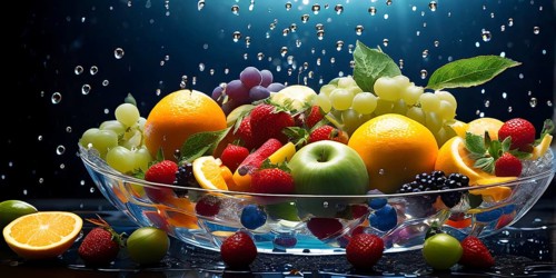 Vibrant illustration of a bowl brimming with a cascade of fresh fruits and vegetables, AI generated