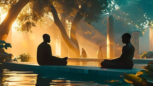 Illustration of a tranquil meditation session scenery in an idyllic garden, AI generated