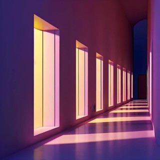 Windows aligned within an elongated tunnel permeated with gradients of soft yellow and pink hues,