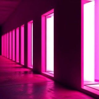 Windows aligned within an elongated tunnel permeated with gradients of magenta hues, AI generated