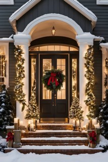 Festive front porch with holiday garlands wrapped around the columns, a wreath hanging on the door,